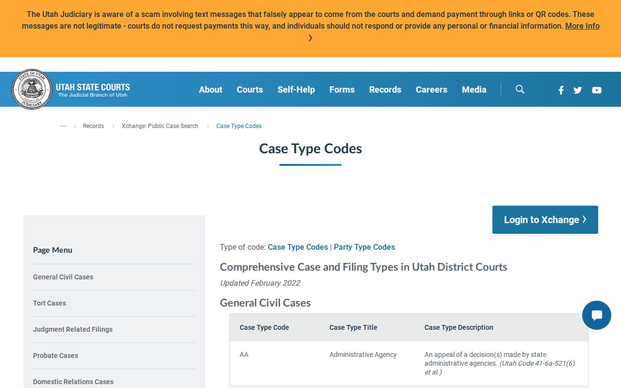 Utah Xchange case type code reference for Millard County searches