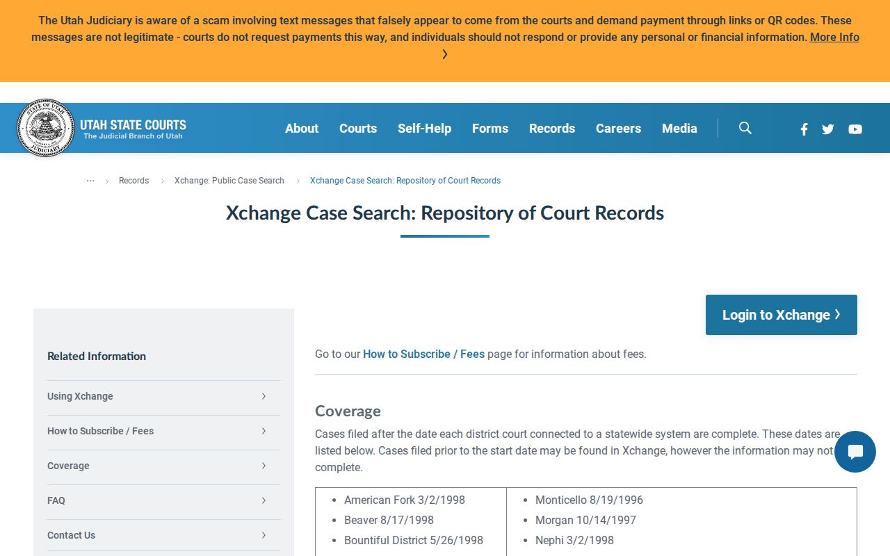 Xchange historical court coverage details including Fillmore District Court