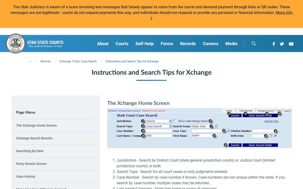 Official Xchange search form fields used to locate Millard County cases