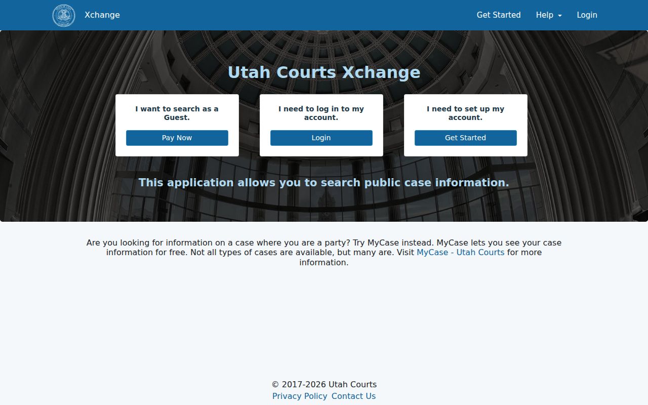 Utah Xchange guest and login choices for a Millard County case lookup