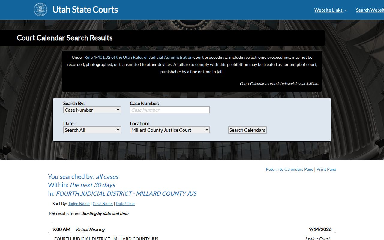 Millard Justice Court calendar query interface for public hearing dates