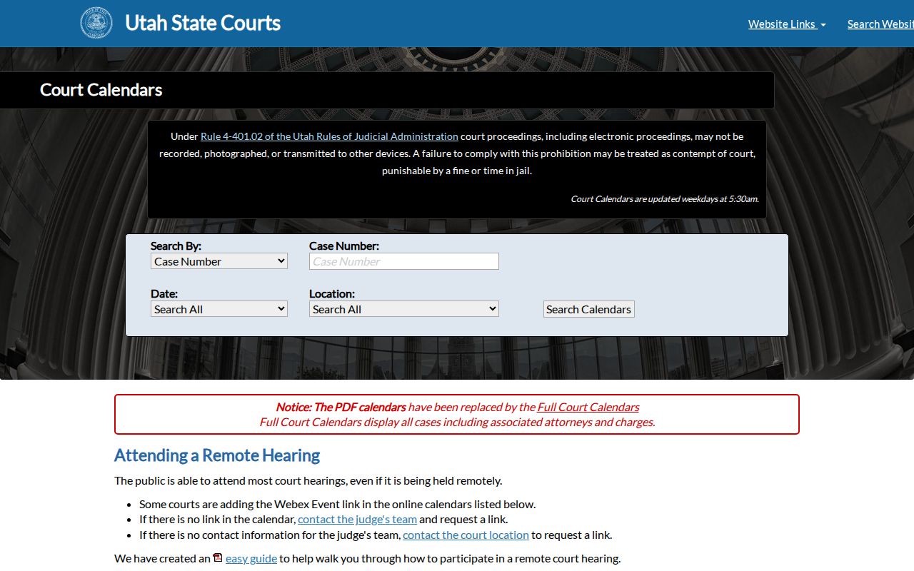 Utah Courts public calendar landing page used for Millard County court dates
