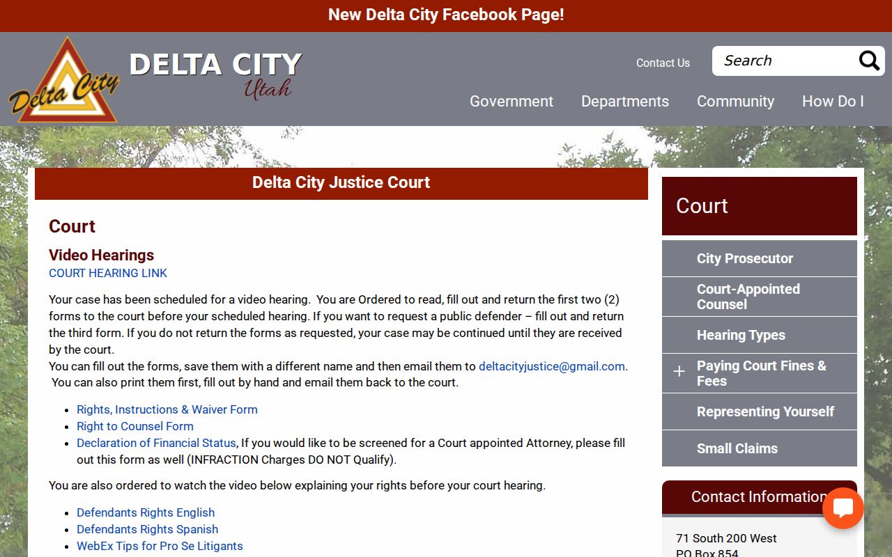 Official Delta City Justice Court page with West Courtroom information