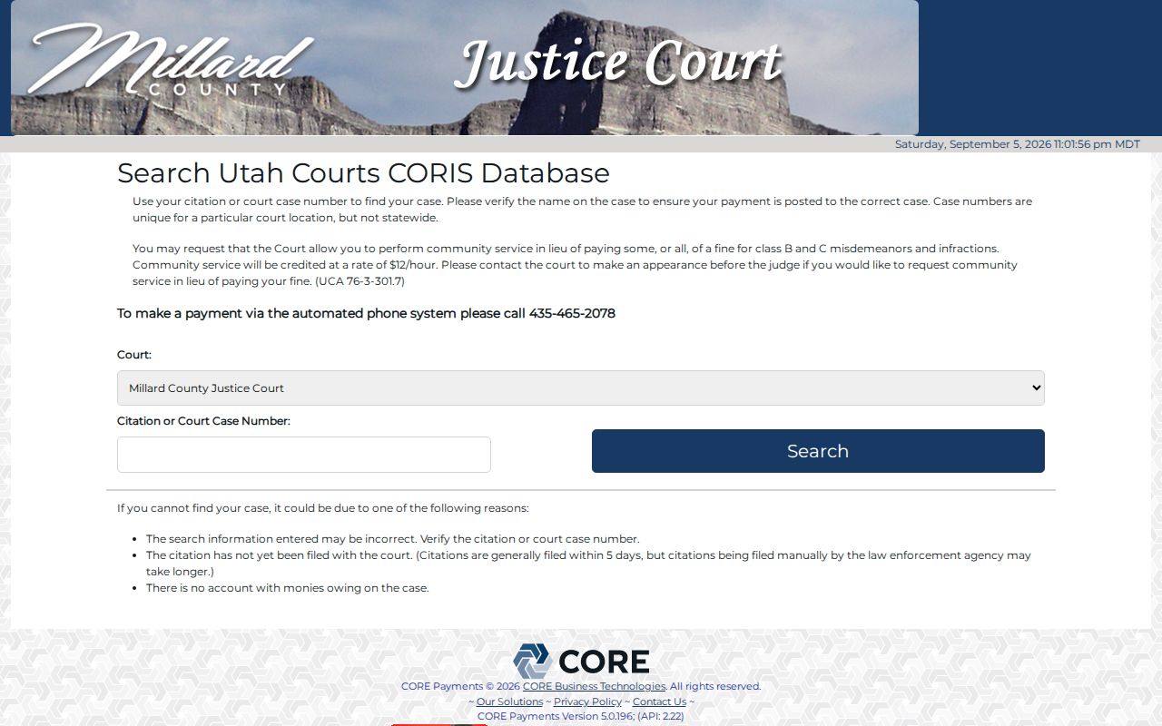 Millard County traffic ticket citation search fields