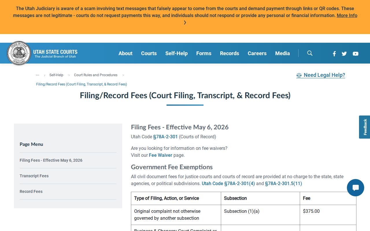Millard County court record fee reference