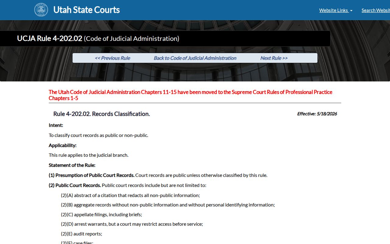 Millard County court record public private and sealed classifications